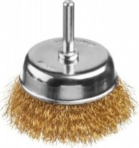 Щетка для дрели 75мм, чашка пушистая со шпилькой стальная латунированная проволока 0.3 мм, MIRAX (35147-07