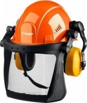 Каска защитная (оранжевая) ЗУБР ТРИАДА, в комплекте с наушниками и защитным сетчатым экраном, Професс