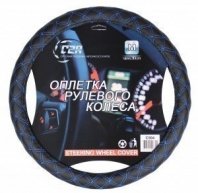 Оплетка на руль M (37-39см) экокожа черная c синей строчкой ромб C2R 1/25_