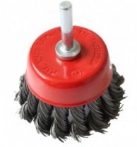 Щетка для дрели 75мм, чашка крученая со шпилькой, металлическая проволока DERZHI (1/12/60) 874470