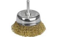 Щетка для дрели 75мм, чашка пушистая со шпилькой, латунир. волнистая проволока MaxiTool