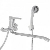 Смеситель для ванны Мира, изогнутый излив 35см, душ. набор, картридж 35мм, латунь, хром RAIN