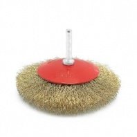 Щётка для дрели 100мм, пушистая конусная со шпилькой, латунированная витая проволока Pobedit