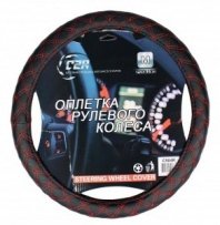 Оплетка на руль M (37-39см) экокожа черная c красной строчкой ромб C2R 1/25_